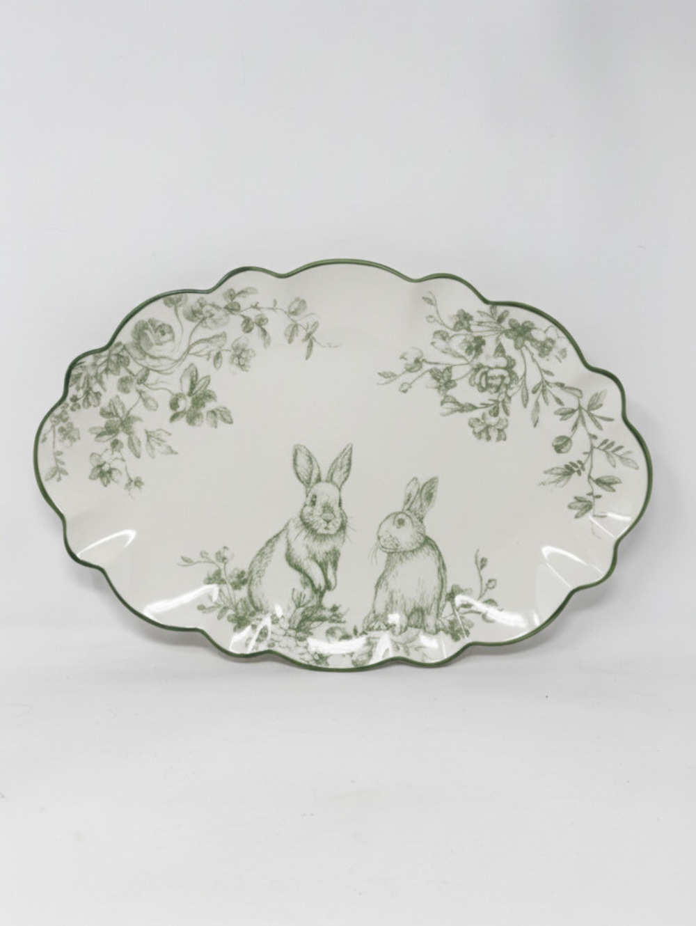 White/Green Toile Bunny Serving Platter Easter 14.5” x 10”